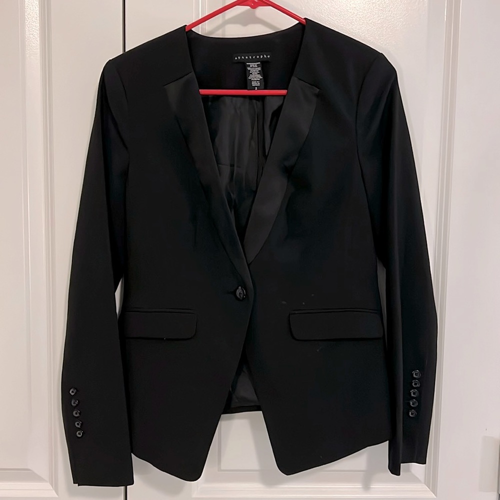 Apostrophe Deep Satin Lapel Fitted One Button Blazer Jacket